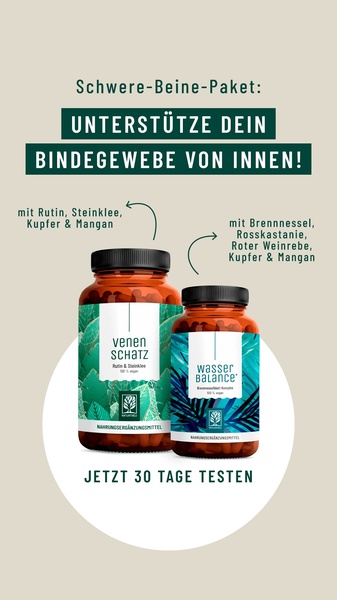 This creative showcases two supplement bottles side-by-side, using clear annotations to highlight the specific ingredients in each product for leg health.